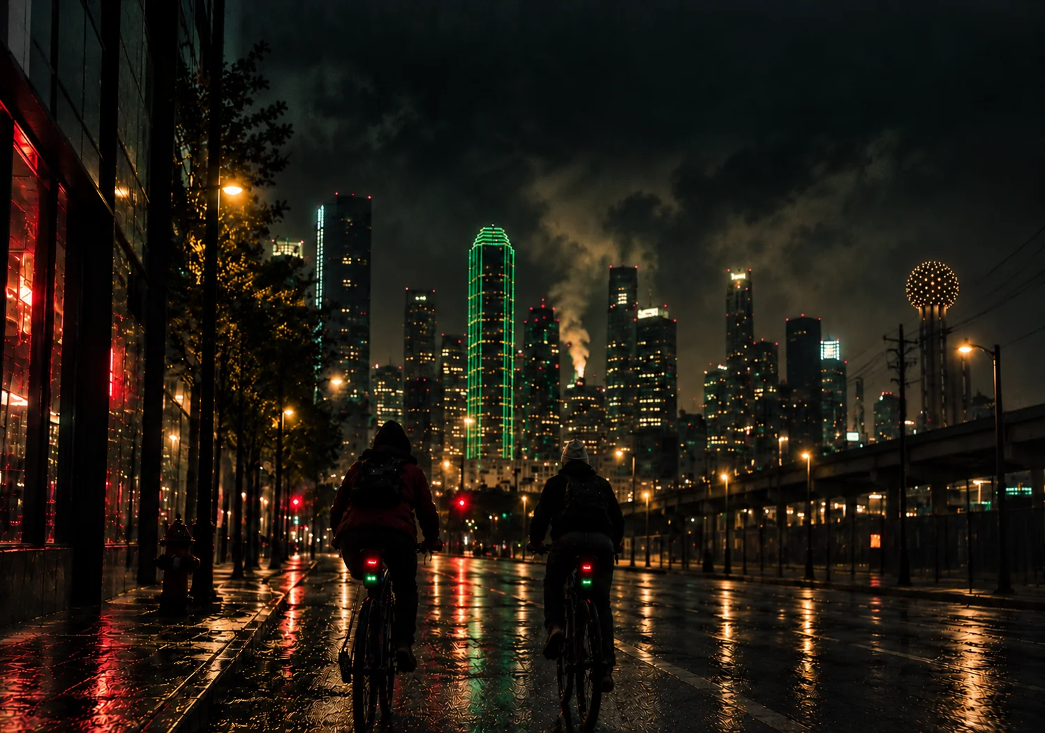 Two riders crossing the city at night